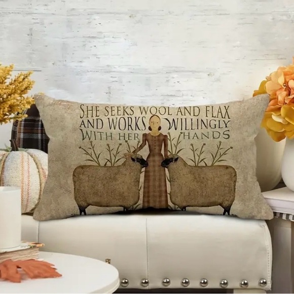 Primitive Folk Art Woman with Sheep "She Seeks Wool & Flax" Pillow Case 20x12 - Picture 4 of 8